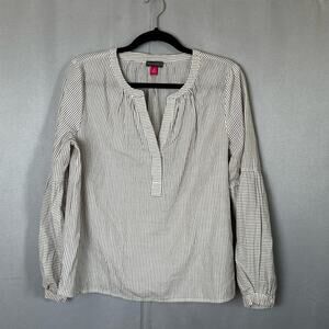 Womens Vince Camuto V Neck Pullover Long Sleeve Blouse Tan Stripe Cotton Size M